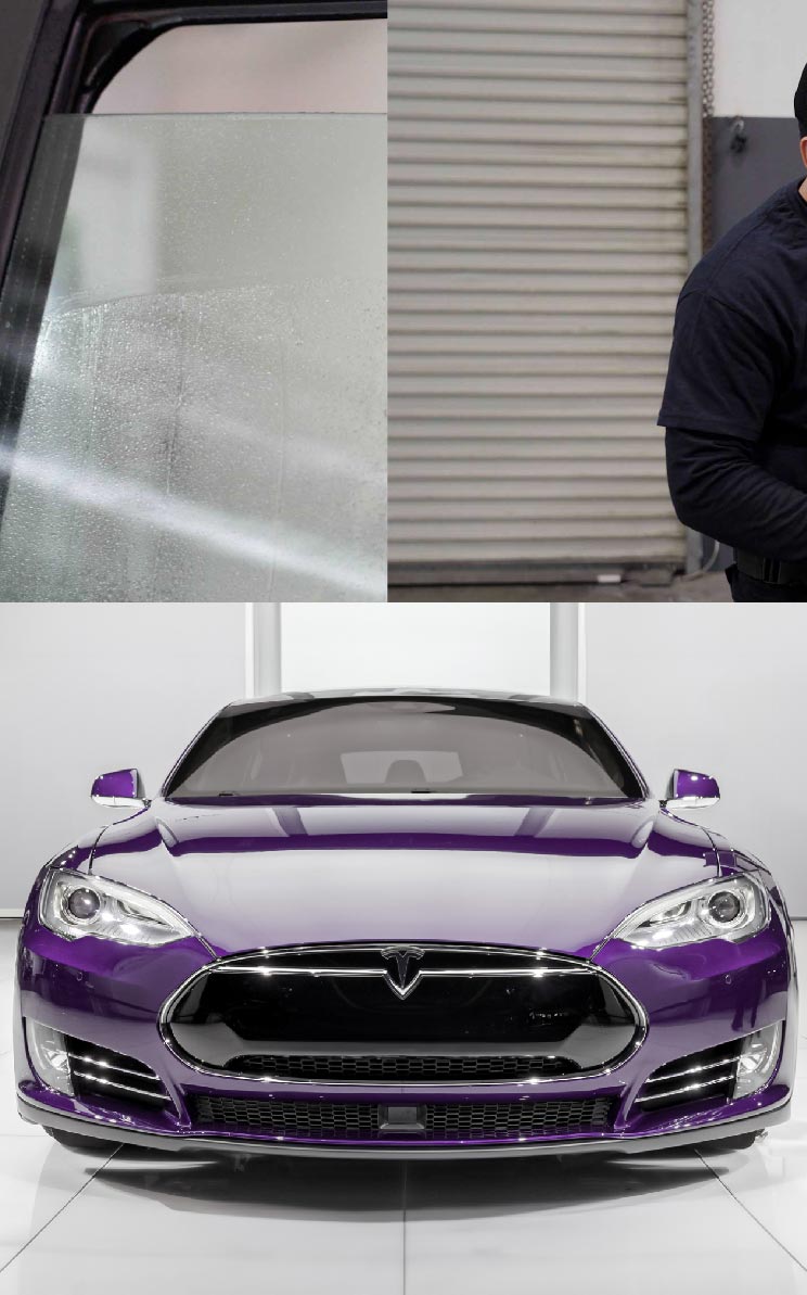 Expert Technician Fitting Ceramic Window Tint to Tesla Windshield in Rio Rancho